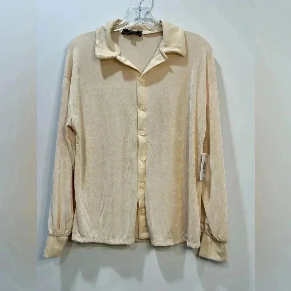 Vibe Sportswear Cream Shimmer Long Sleeve Boyfriend Shirt - Size S